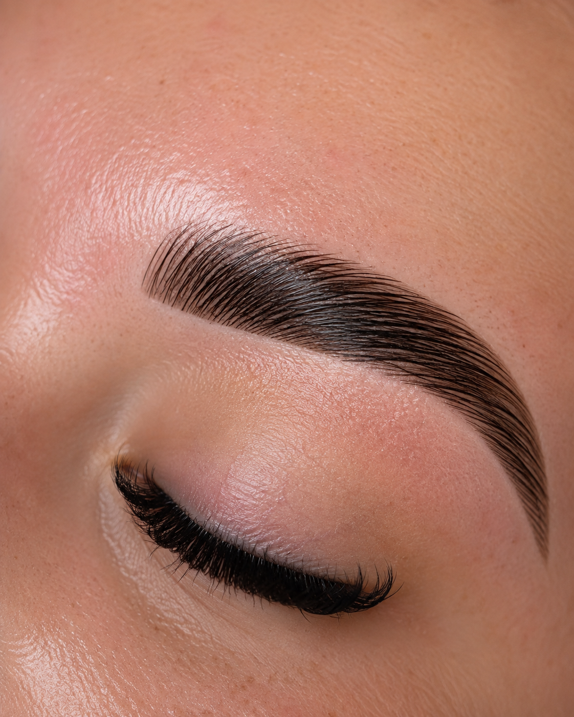 Close-up of a person's closed eye with long, dark, curled eyelashes and well-groomed eyebrows.