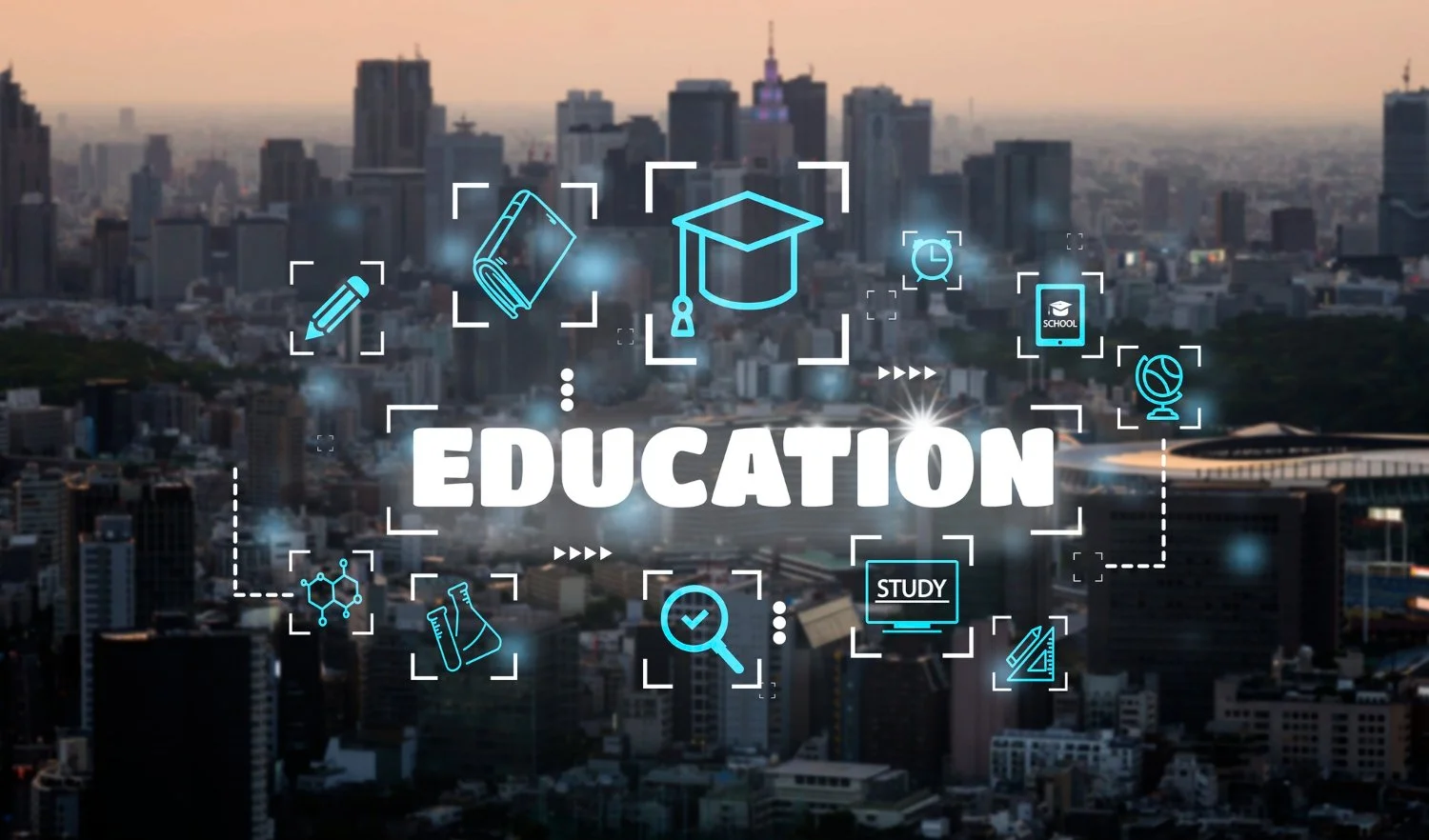 City skyline at sunset overlaid with icons representing education, including a pencil, book, graduation cap, clock, smartphone with school icon, globe with graduation cap, chemical structure, test tube, magnifying glass, computer monitor with 'study', and pencils, with the word 'Education' in bold white letters.