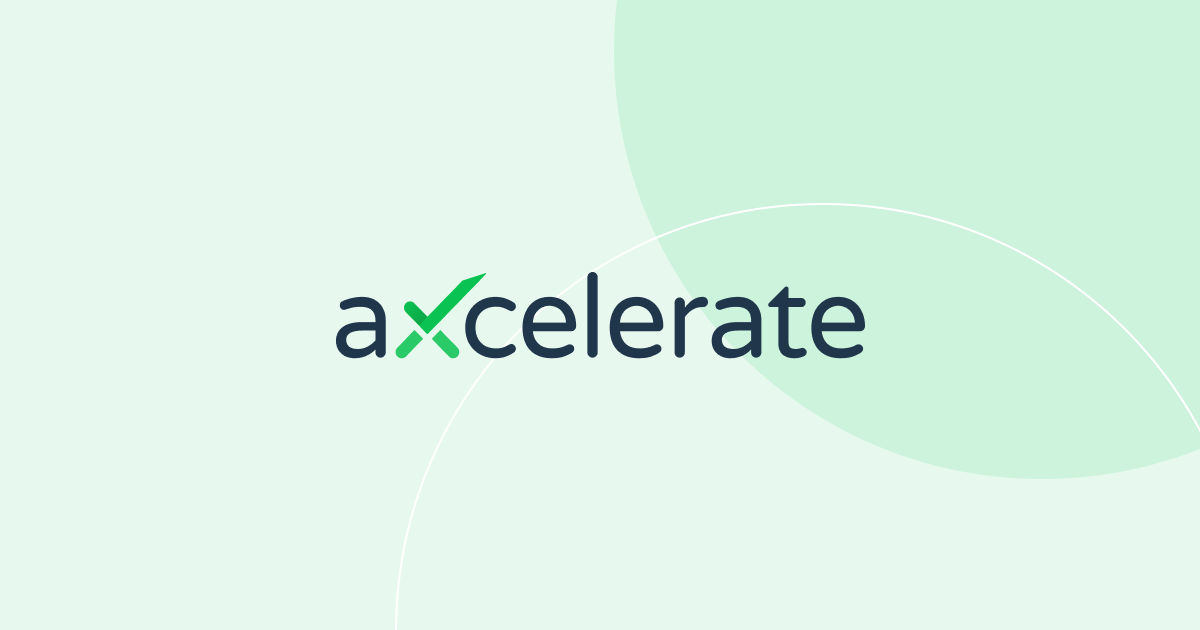 Logo of Axcelerate with lowercase text, 'a' and 'x' in green with a checkmark, on a light green and white background.