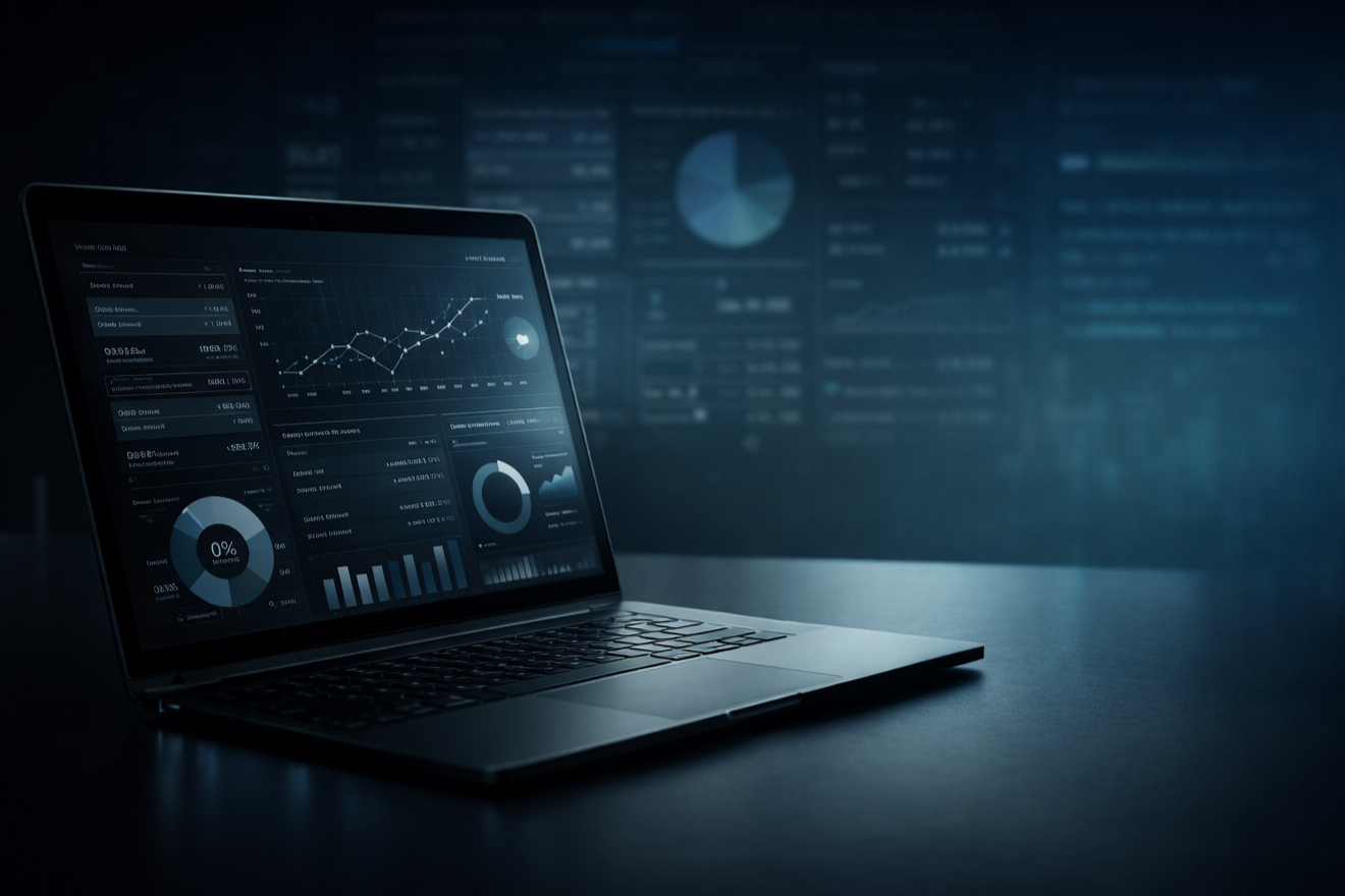 Laptop displaying data analytics graphs and charts with a dark background.