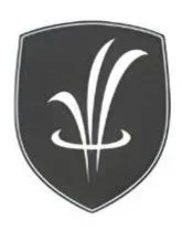 A shield-shaped emblem with a stylized plant or grass design in white on a dark background.