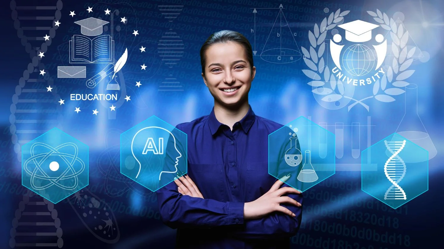 Smiling woman with crossed arms, surrounded by digital icons representing education, university, science, DNA, artificial intelligence, and research symbols, in a futuristic digital background.