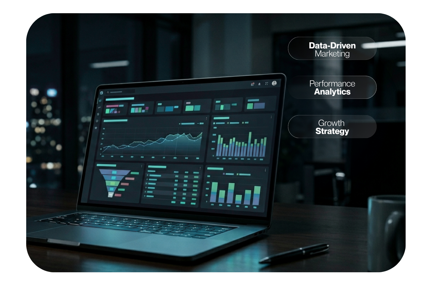 Advanced Diploma of Digital Marketing concept with analytics dashboard, performance metrics and online marketing strategy in a modern business environment