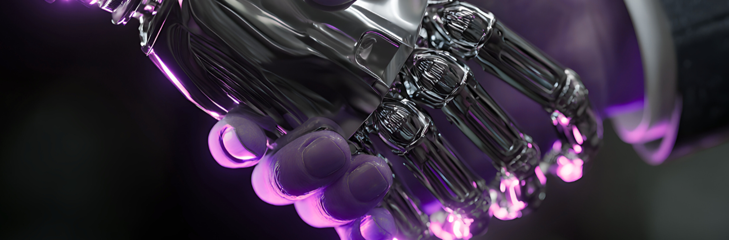 Close-up of a robotic hand with metallic fingers illuminated by purple light.