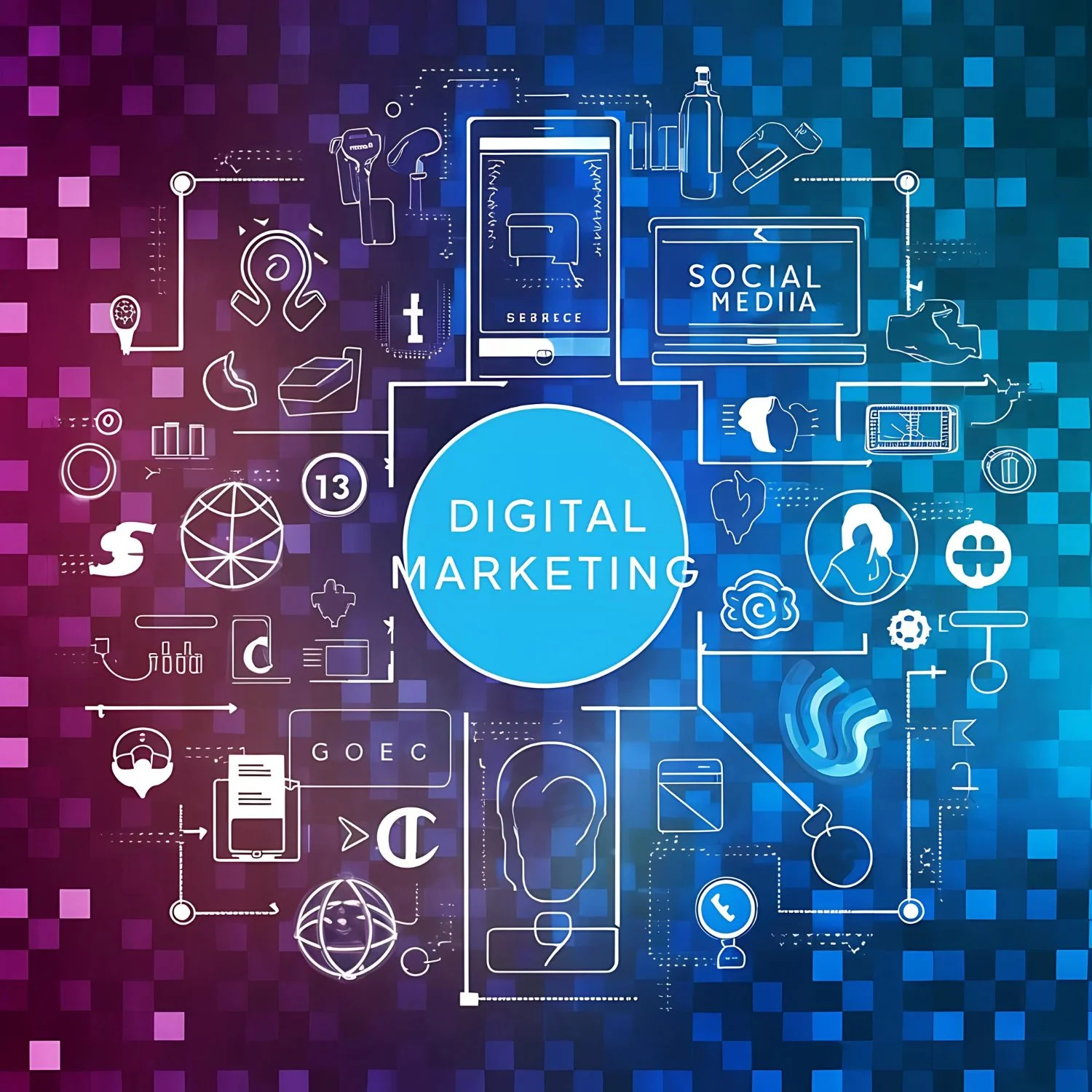 Digital marketing concept with icons of social media, mobile devices, analytics, and online tools on a colorful, pixelated background.