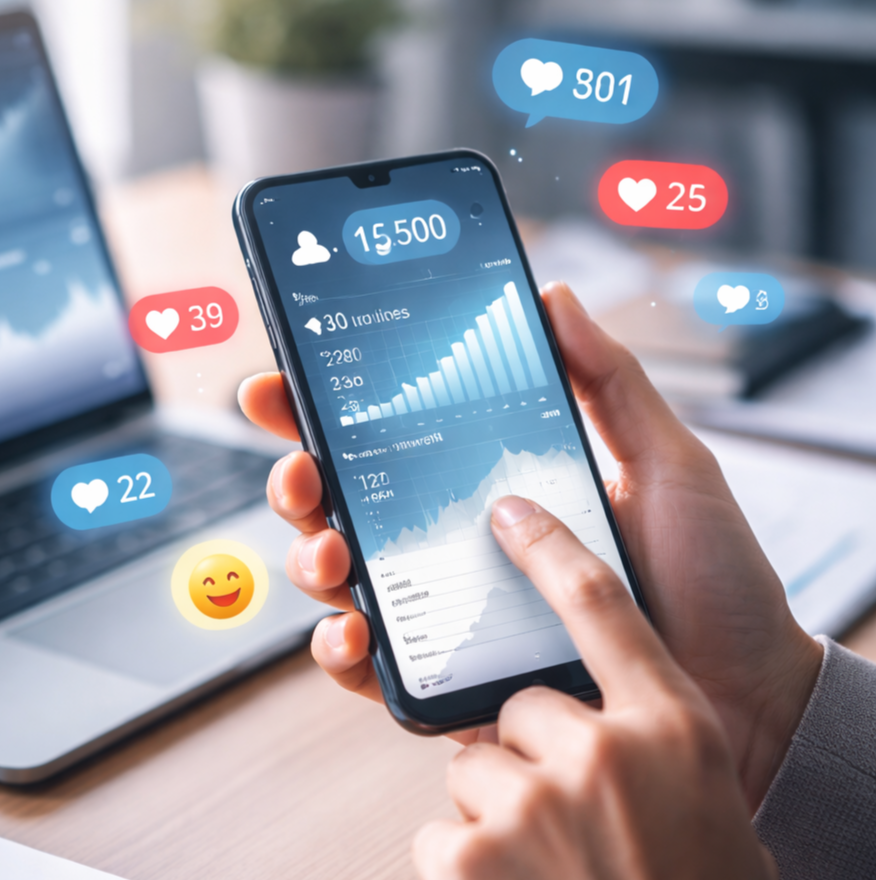 Social media marketing analytics displayed on smartphone showing engagement, reach and performance metrics in a professional workspace