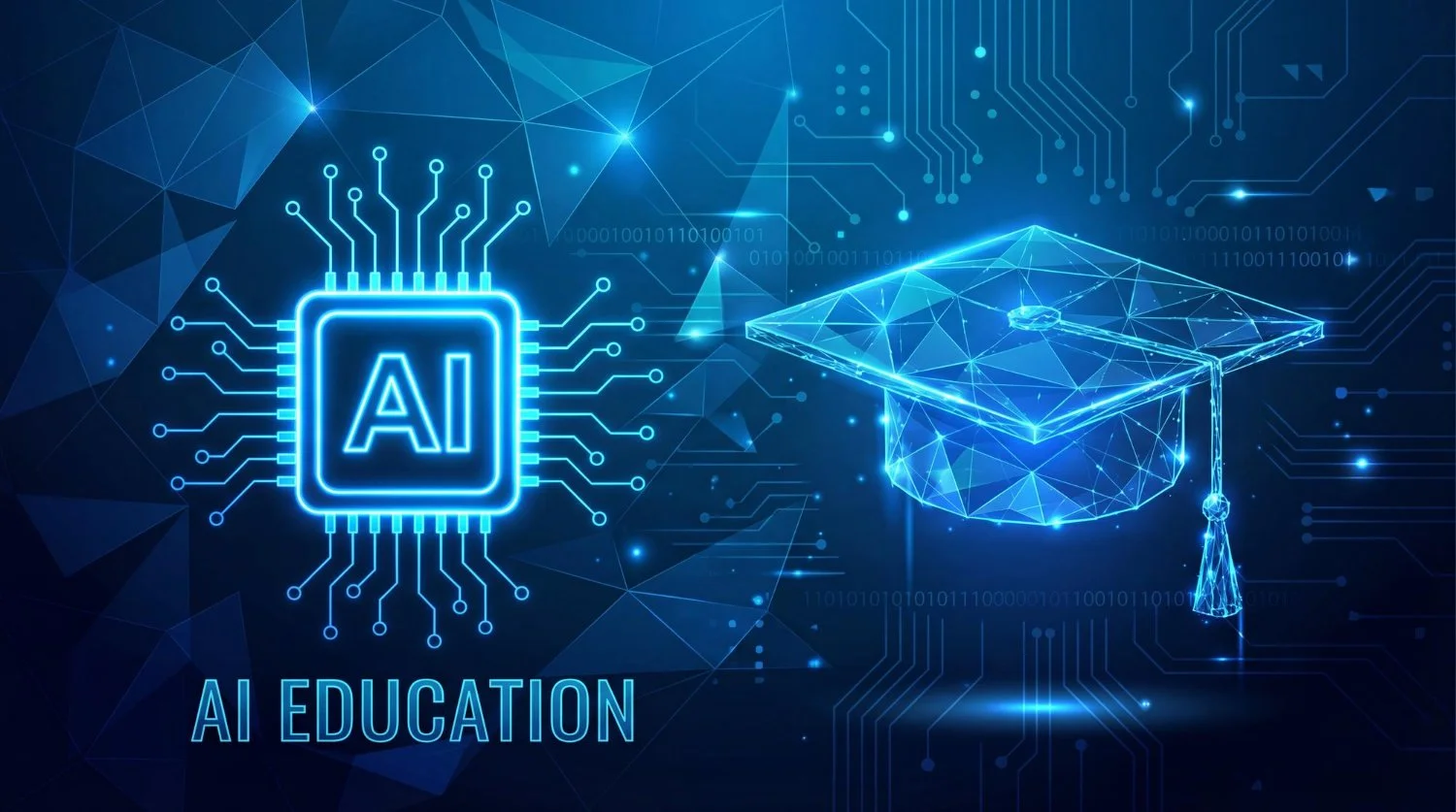 Digital illustration of an AI chip with circuit lines and a graduation cap made of blue neon lights, symbolizing AI education.