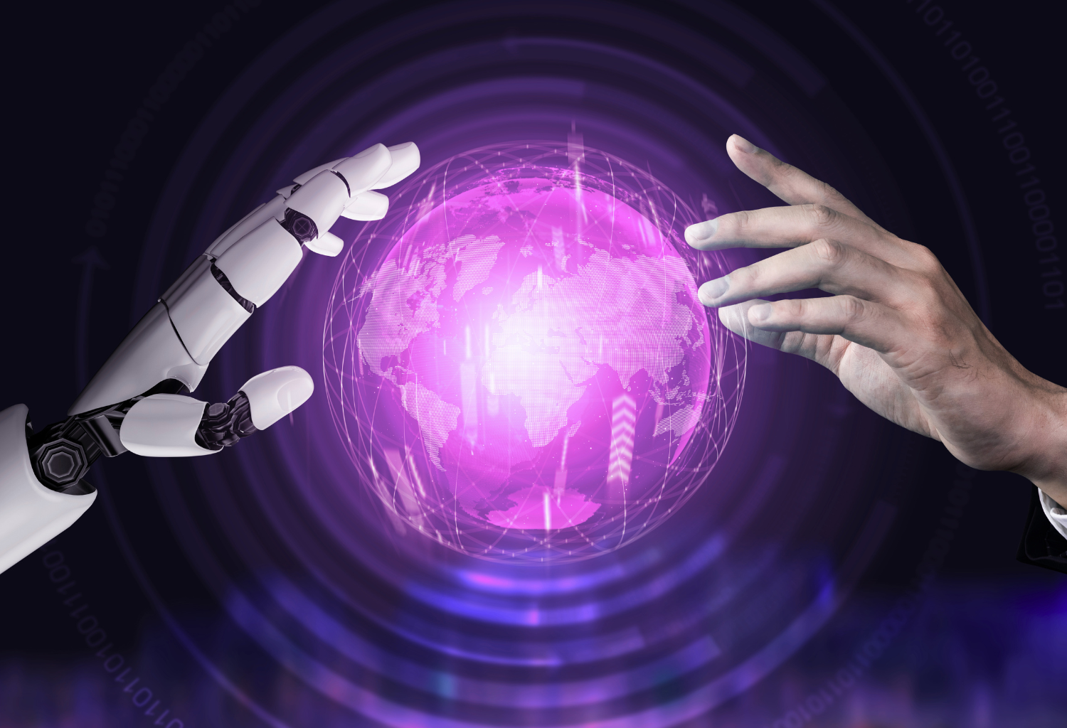 A robotic hand and a human hand reaching towards a glowing purple digital globe with map outlines, surrounded by digital lines and concentric circles.