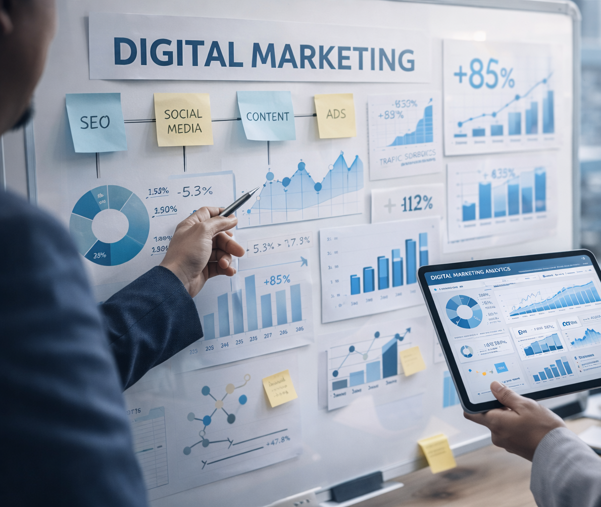 Marketing team analysing digital strategy with charts, campaign data and performance metrics during a collaborative planning session