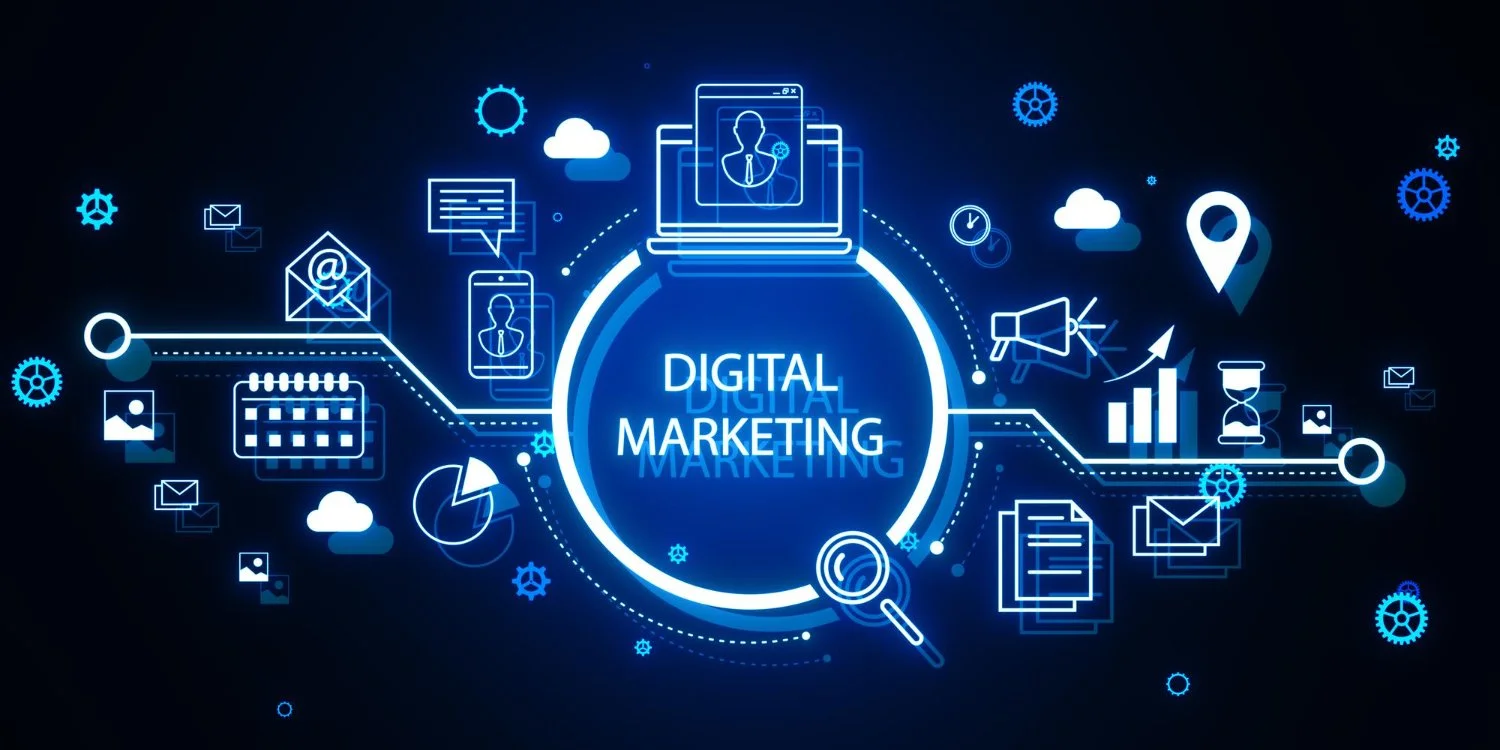 Digital marketing concept with icons of emails, charts, magnifying glass, clouds, location pin, and devices surrounding the text 'Digital Marketing' in the center, all in neon blue on a dark background.