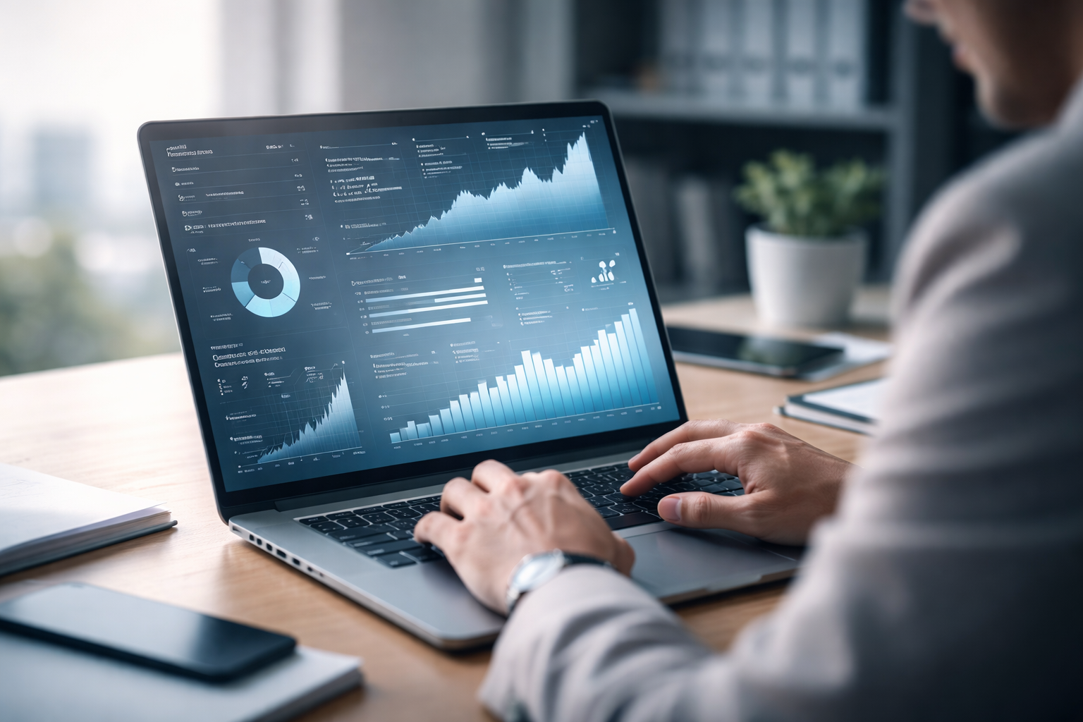 Digital marketing strategy analysis on desktop screen showing campaign performance, growth charts and data-driven insights in a modern office