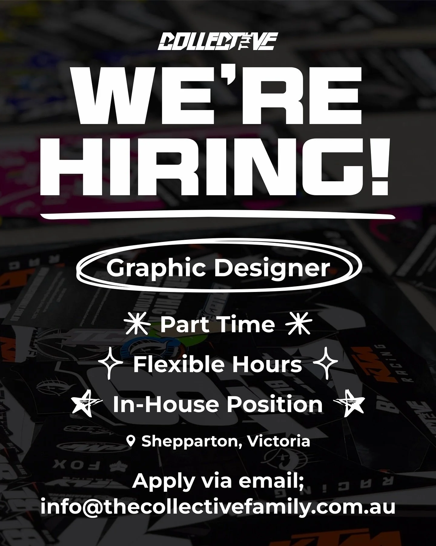 We&rsquo;re Hiring! 🚨

TCF is looking for a Graphic Designer to join the crew! This is an in-house role at our factory in Shepparton, VIC.

Flexible part-time hours with the opportunity to move into full-time work.

Apply via email:
info@thecollecti