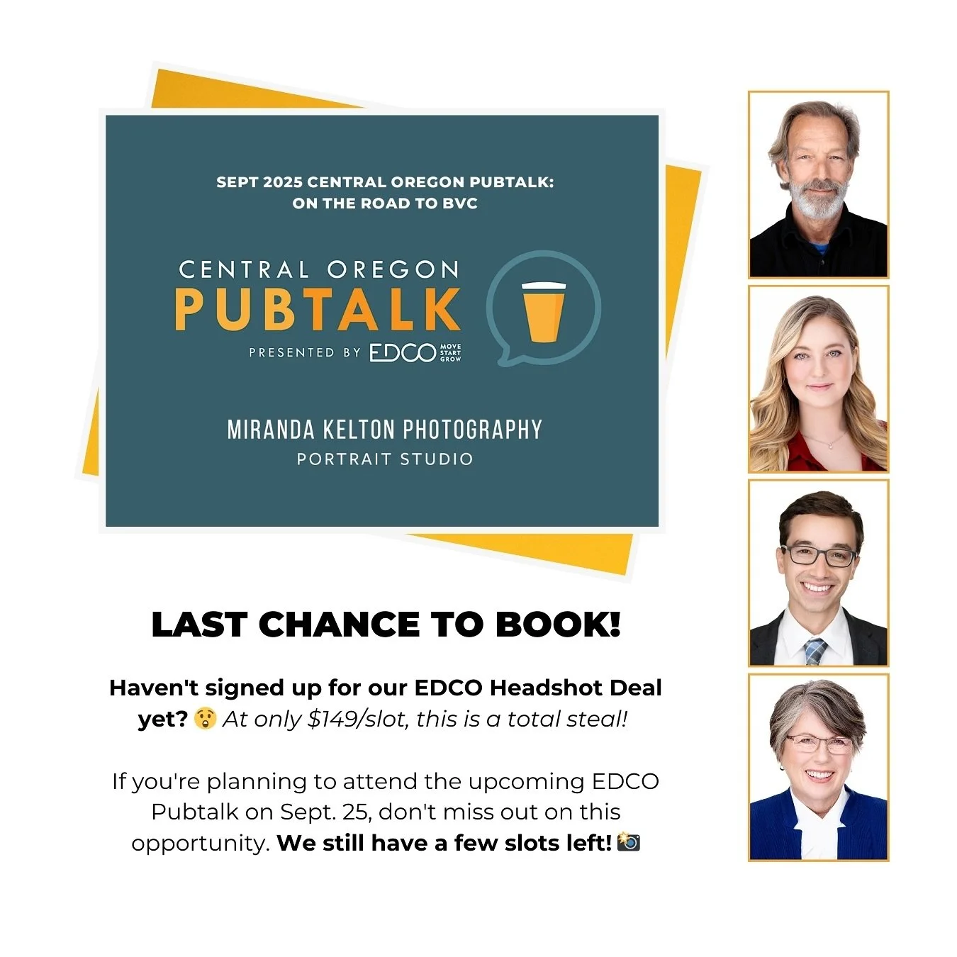 Haven't signed up for our @edcoinfo Headshot Deal yet? At only $149/slot, this is a total steal! 😮 If you're planning to attend the upcoming EDCO Pubtalk on September 25, don't miss out on this opportunity. Link to sign up in our bio, we still have 
