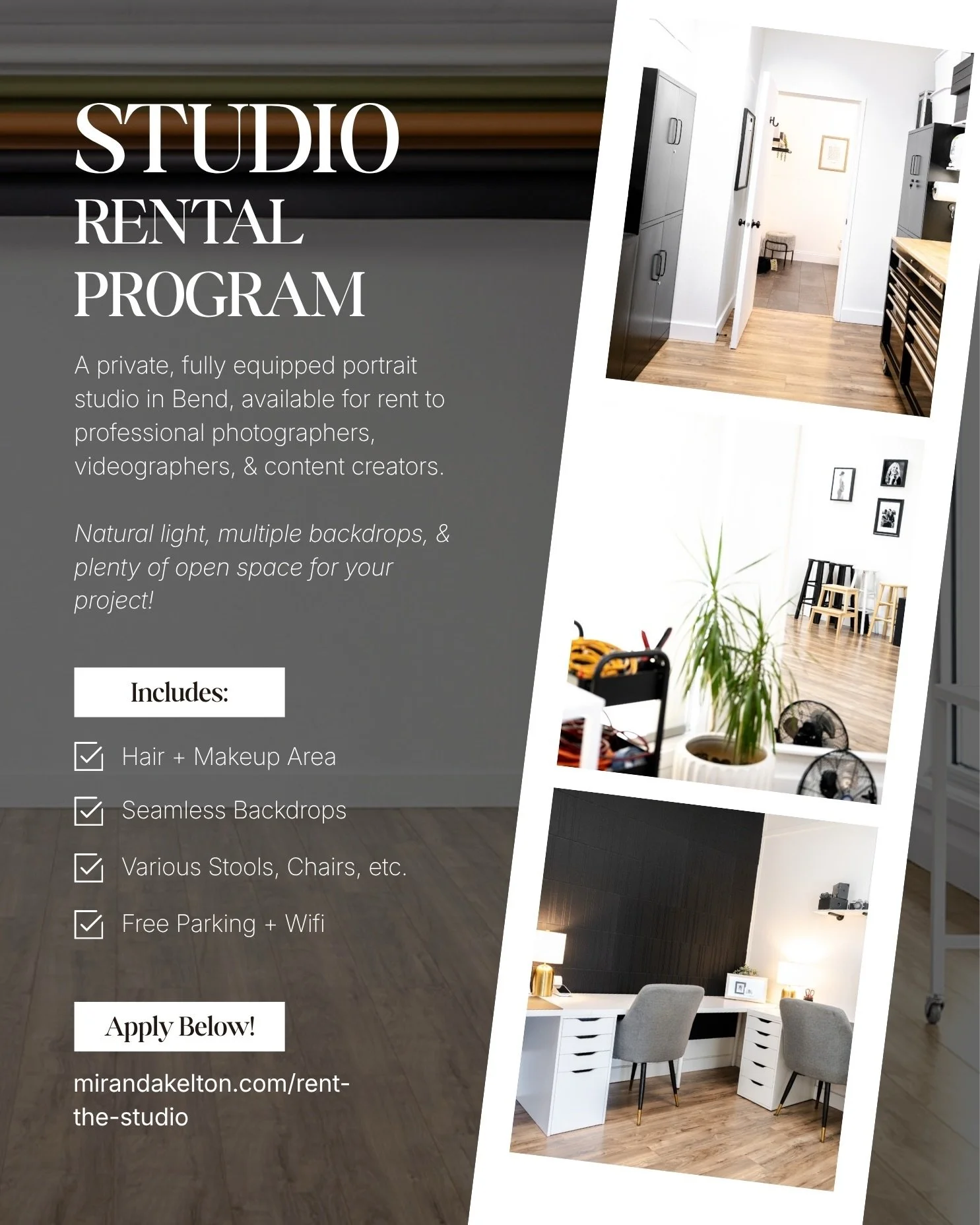 Our Studio Rental Program is finally LIVE! 📸

Located off Empire here in Bend, Oregon: 930 sq. ft., huge windows with soft natural light all day, white walls, neutral wood floors, and includes: seamless backdrops, hair and makeup area, wardrobe rack