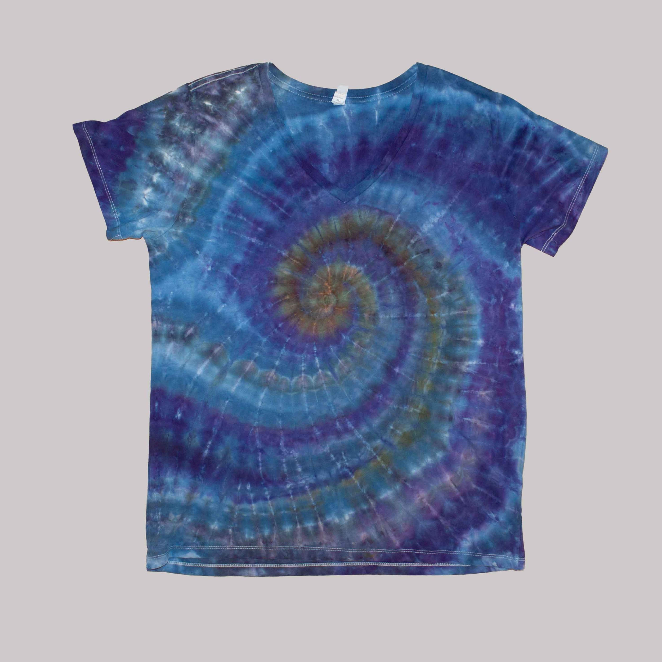 Women's V Neck Deep Blue Spiral Vortex Tie-Dye