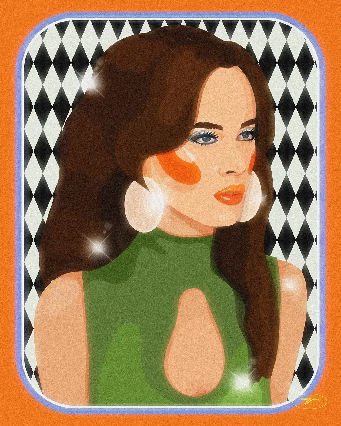  Portrait éditorial d'une femme aux cheveux bruns, blush orange et boucles blanches sur fond damier noir et blanc. 