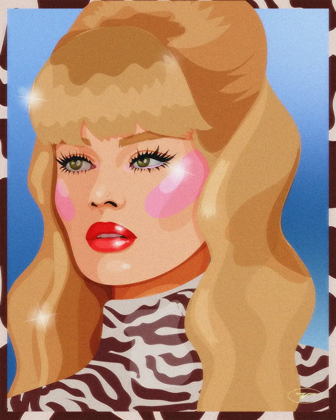  Illustration digitale d'une femme blonde rétro avec rouge à lèvres rouge, yeux puissants et fond bleu. 