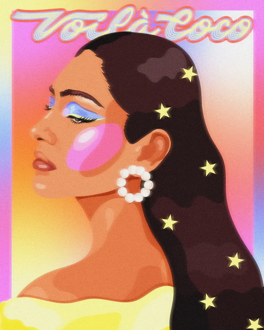  Illustration de mode d'une femme brune aux cheveux longs avec maquillage coloré et accessoires étoiles, style rétro seventies. 