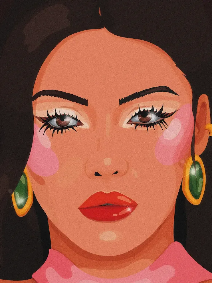  Illustration digitale d'une femme brune au rouge à lèvres rouge et boucles d'oreilles émeraude, style mode et rétro. 