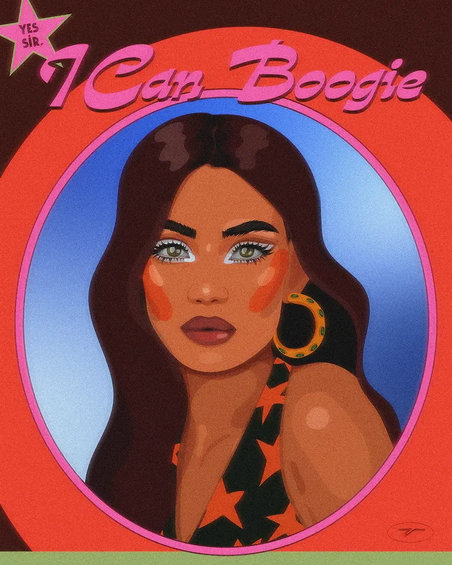  Illustration de mode d'une femme brune avec créoles et haut étoilé, style rétro seventies avec typographie "Yes Sir, I Can Boogie". 