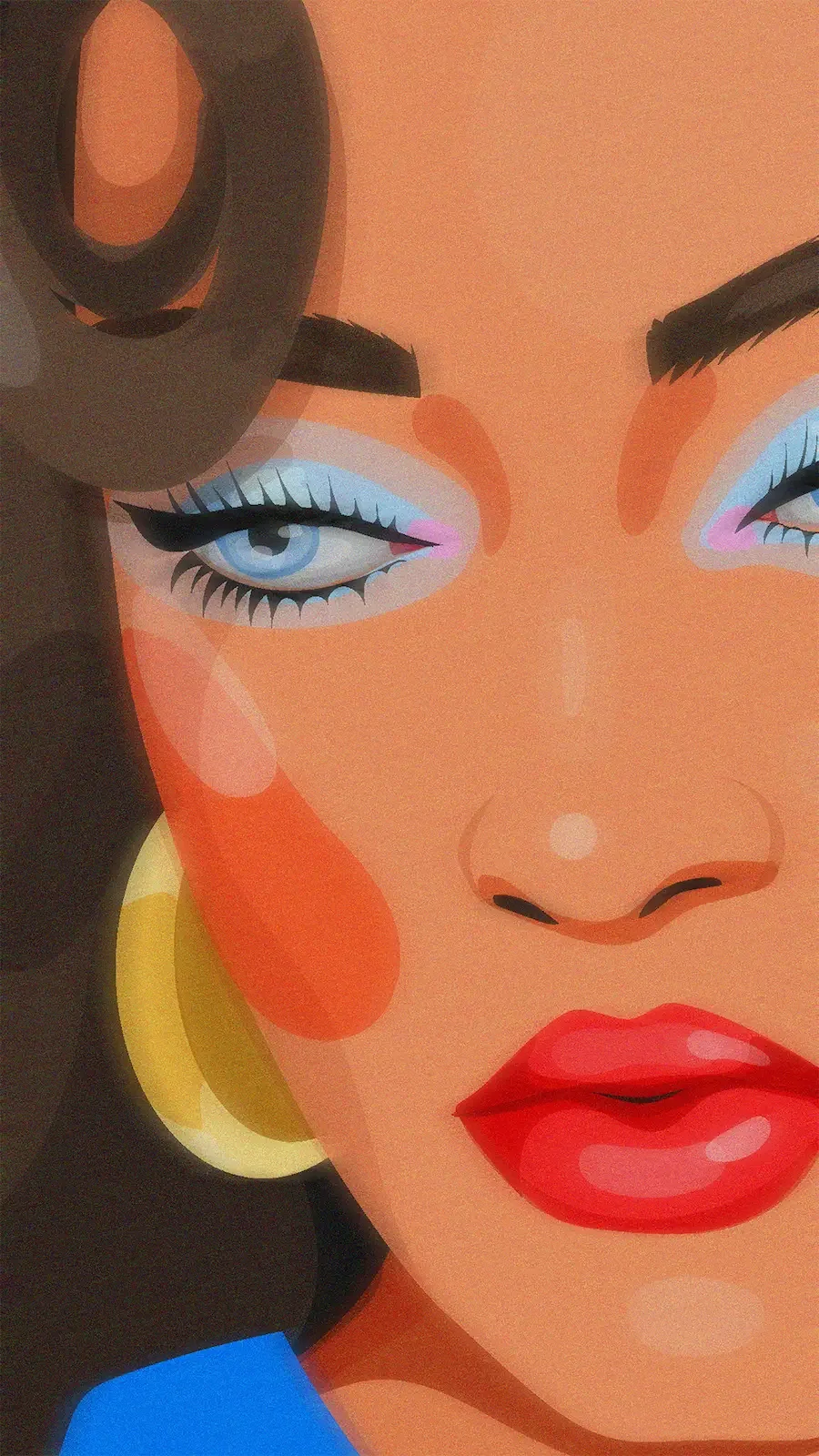  Portrait rapproché d'une femme mate avec maquillage bleu et rose, blush orange et rouge à lèvres rouge. 