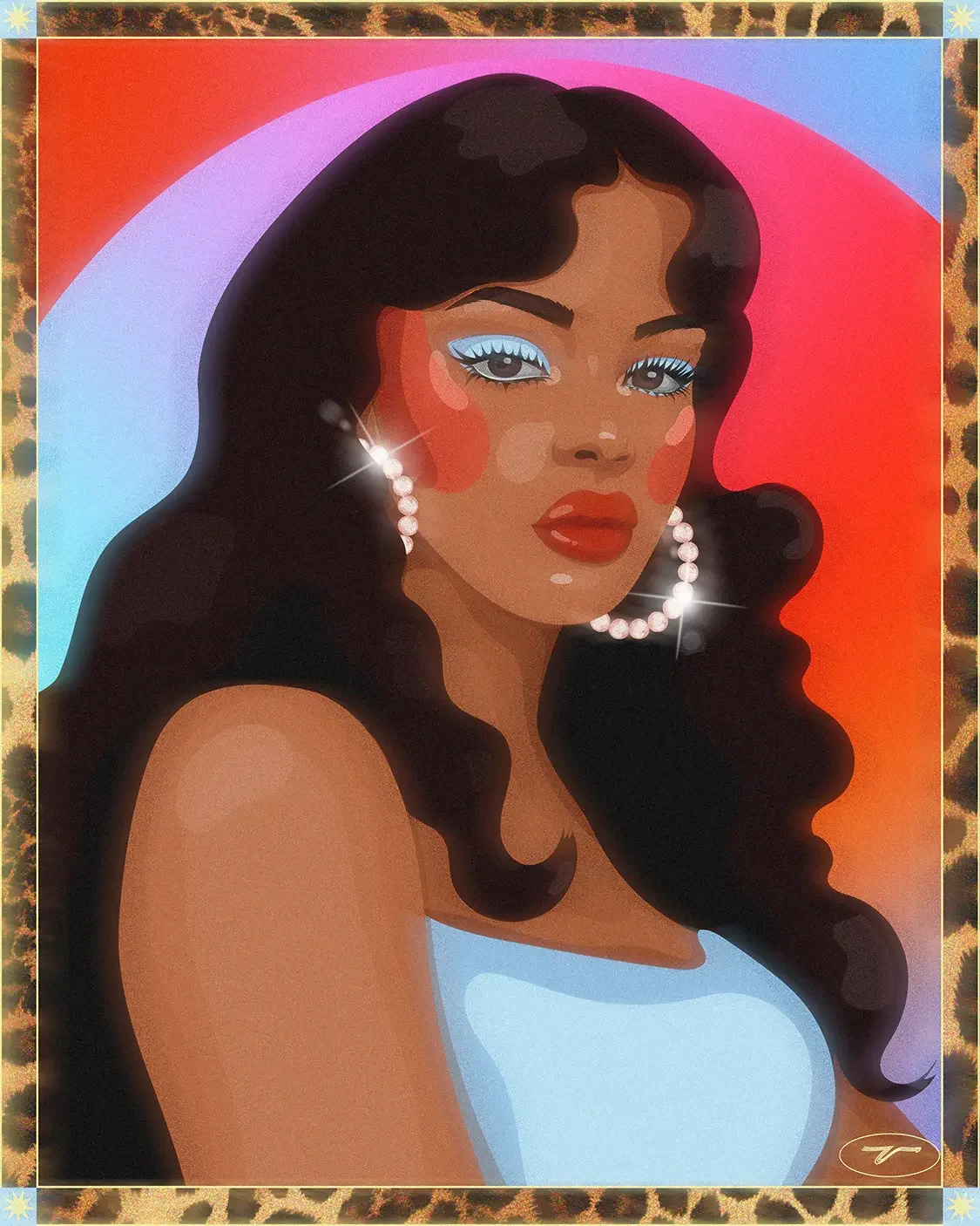  Illustration digitale d'une femme noire aux longs cheveux bruns, créoles en perles et maquillage seventies, fond coloré vibrant. 