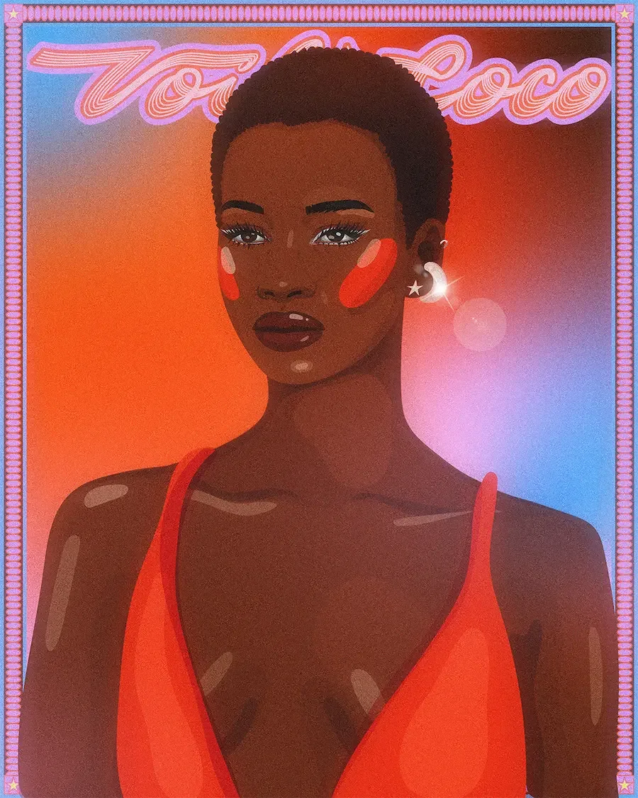  Illustration digitale d'une femme noire aux cheveux courts avec créoles et haut orange, fond coloré rétro. 