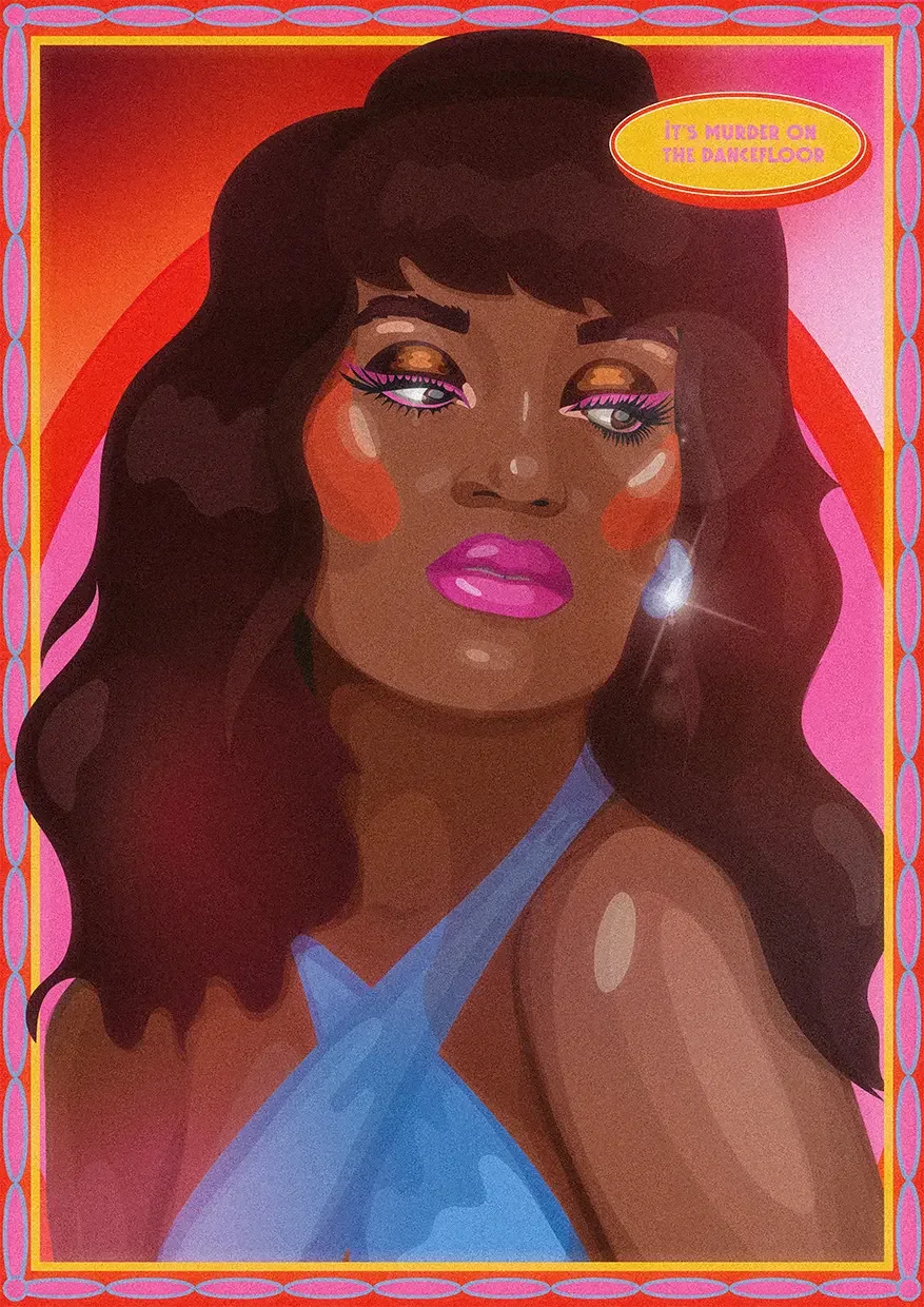  Portrait éditorial d'une femme noire avec eye-liner rose et haut bleu, fond dégradé orange et rose, ambiance disco rétro. 