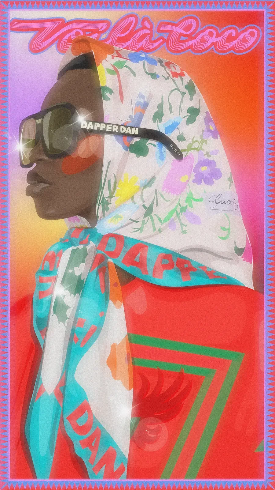  Illustration mode d'une femme noire portant foulard Dapper Dan et lunettes de soleil, style rétro et éditorial. 