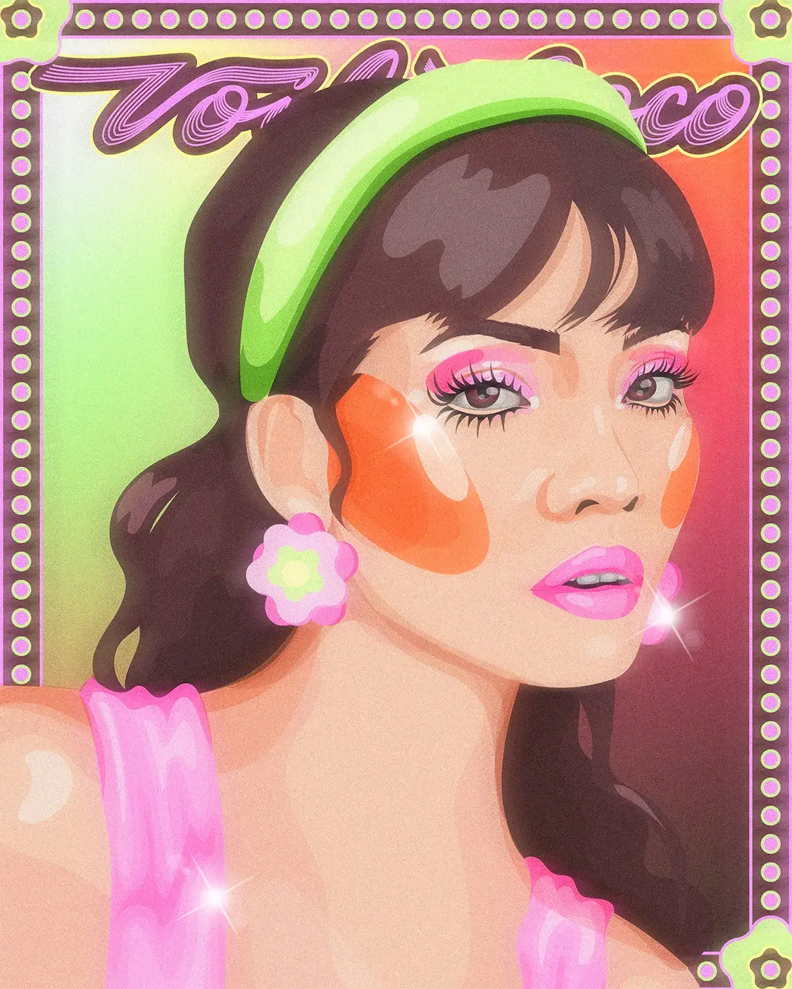  Portrait illustré d'une femme brune au style années 50 et touches seventies, palette pastel, serre-tête vert et boucles fleurs. 
