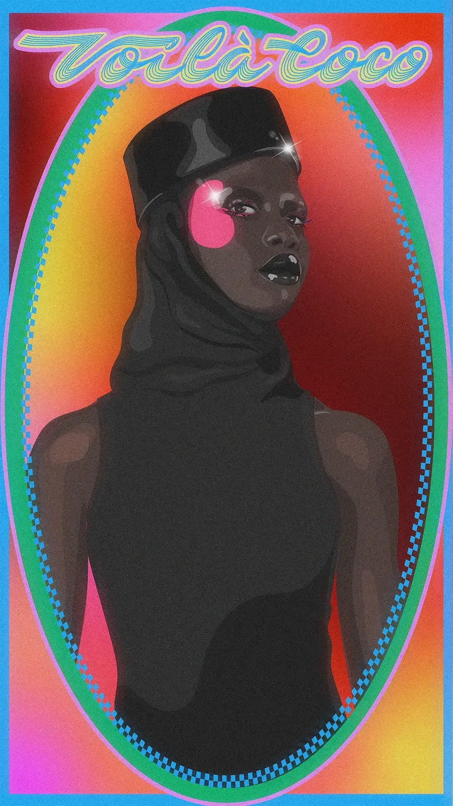  Illustration éditoriale inspirée de la mode, femme en tenue noire sur fond dégradé coloré. 