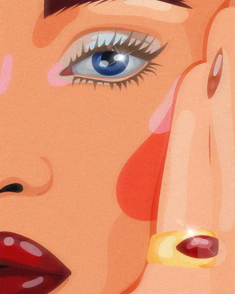  Gros plan sur le visage d'une femme posant sa tête sur sa main avec bague en or et rubis, style mode et rétro. 