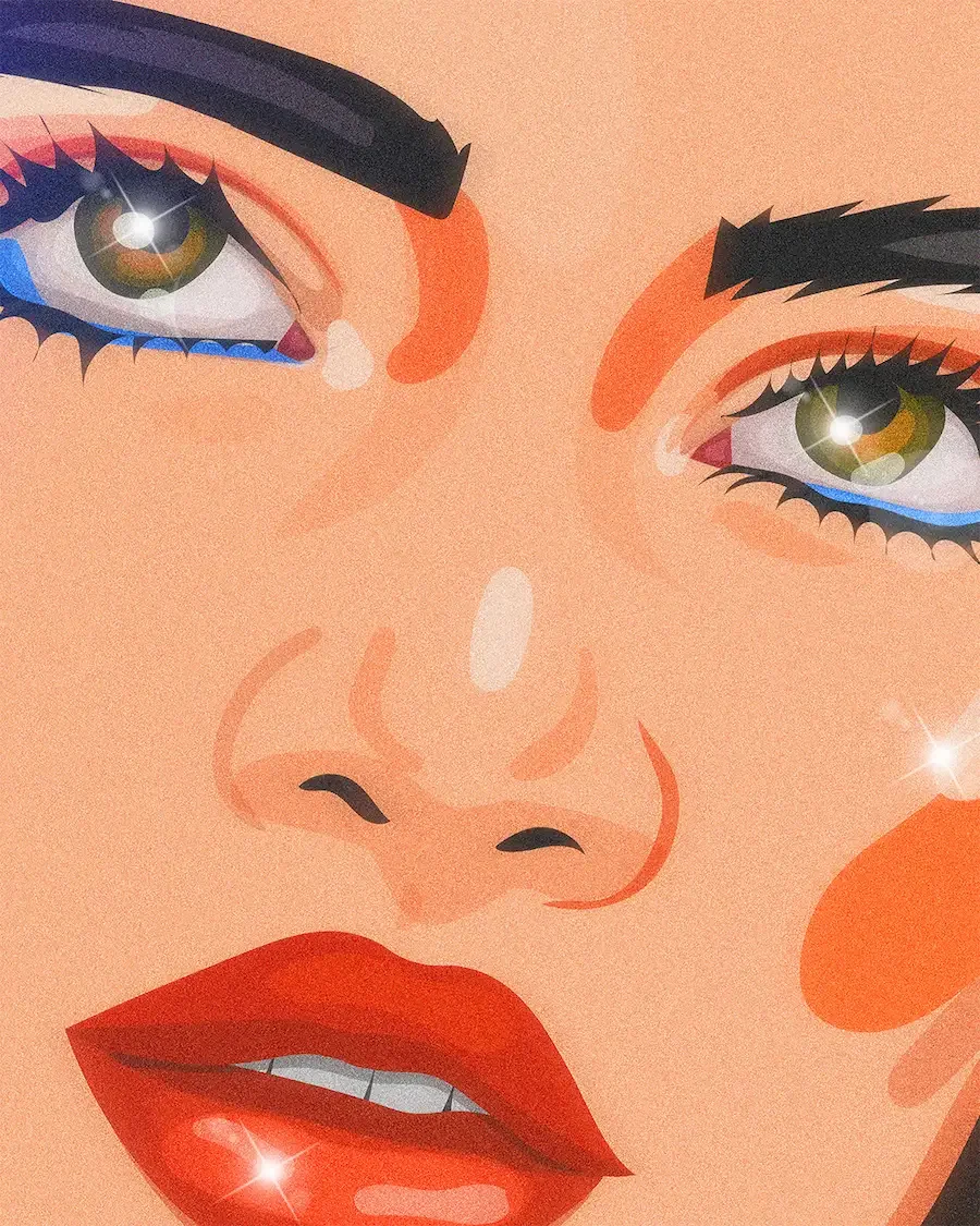  Illustration digitale d'un gros plan sur le visage d'une femme au regard intense, blush orange et rouge à lèvres ocre. 