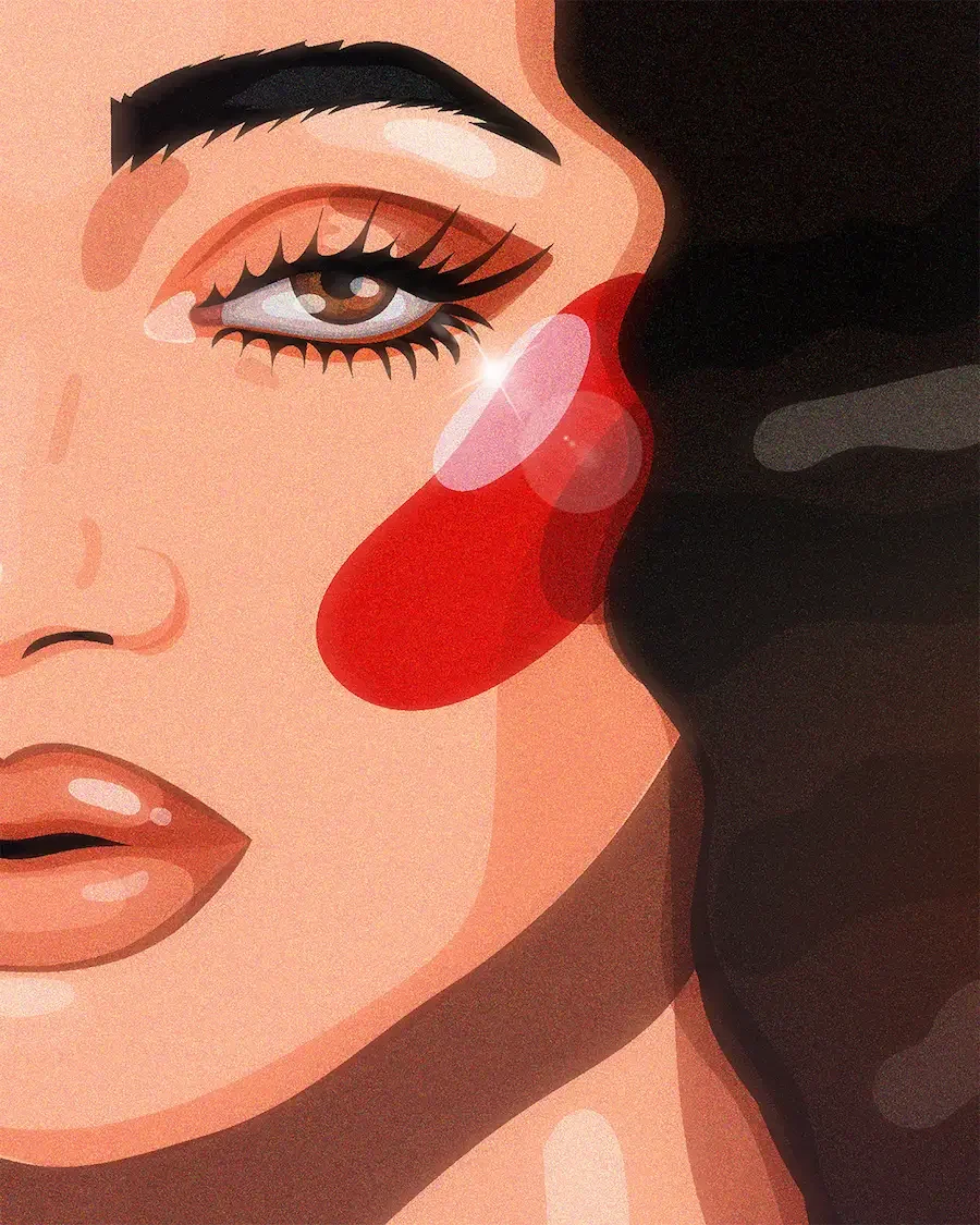  Portrait éditorial en gros plan d'une femme au regard intense, blush rouge bordeau et cheveux noirs ondulés. 