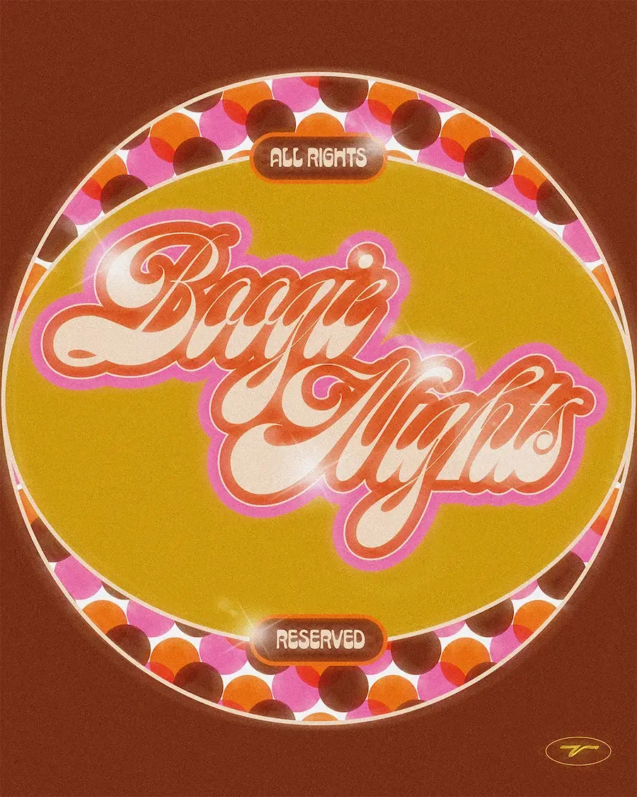  Illustration digitale avec fond marron et motifs rétro seventies, cercle central vert avec texte "Boogie Nights, All rights reserved", style typographie rétro. 