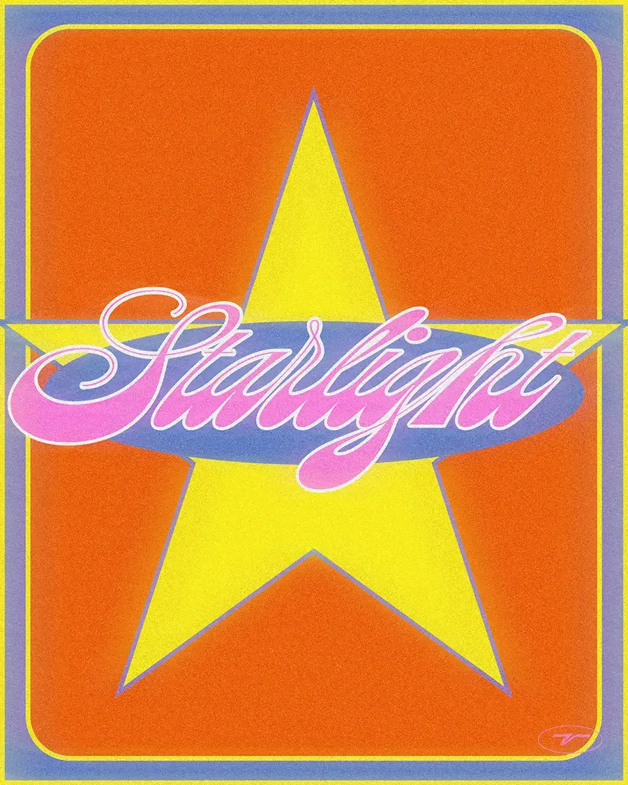  Illustration digitale avec fond orange, étoile jaune et texte rétro "Starlight", style disco et seventies. 