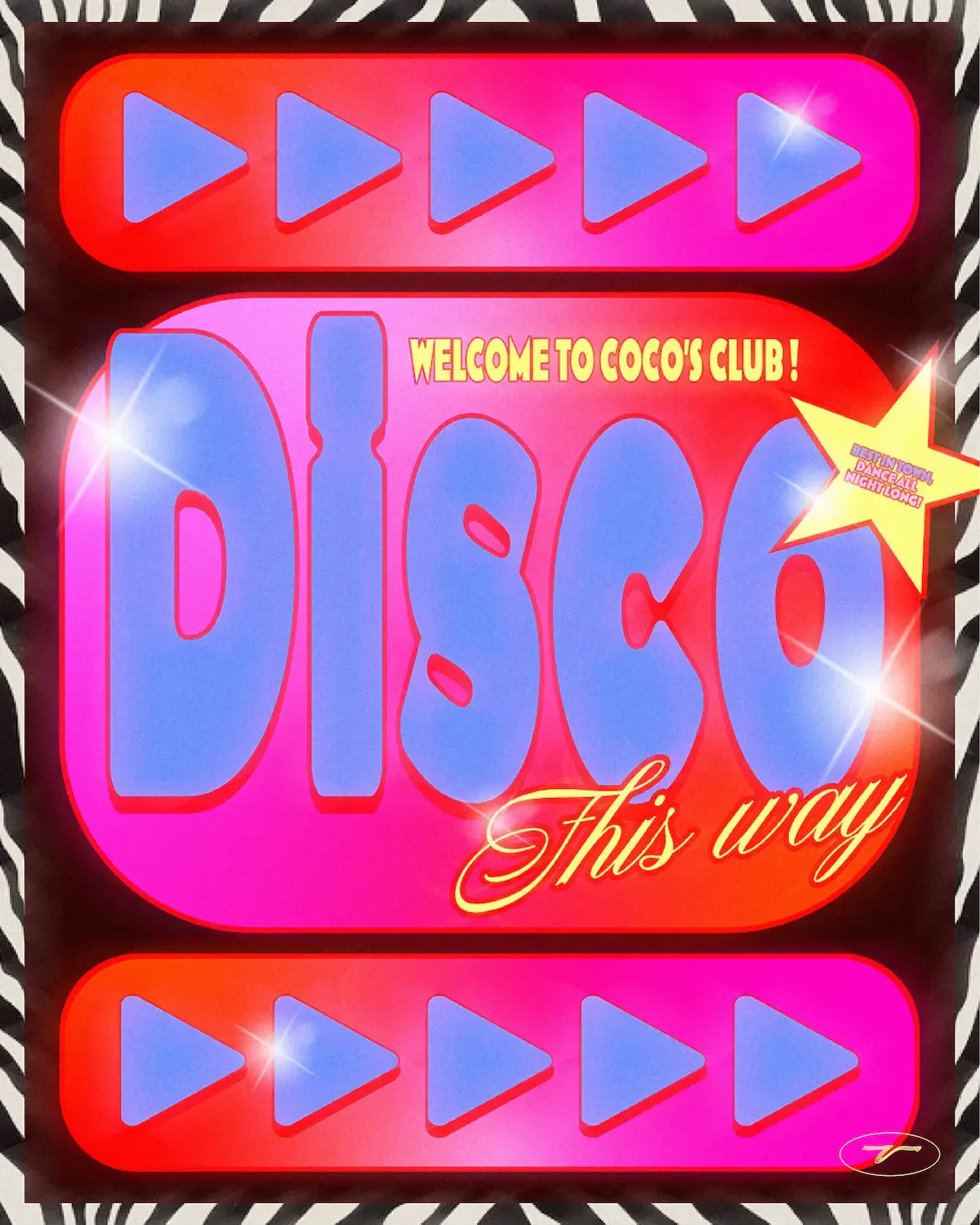 Illustration colorée avec motifs zébrés noirs et blancs, étoiles et flèches colorées, typographie rétro "Welcome to Coco's Club, Disco This Way". 