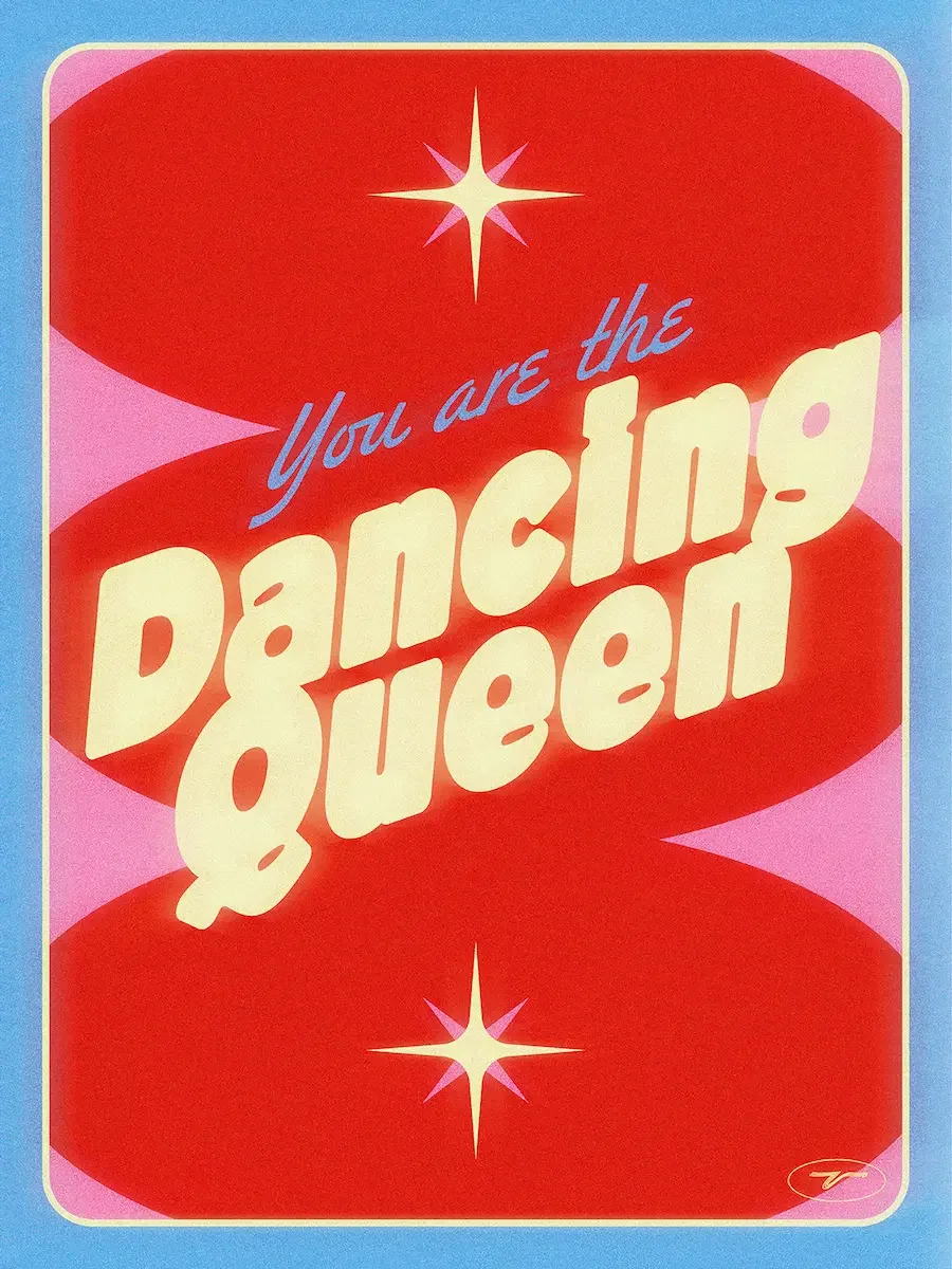  Illustration digitale avec motifs ovales rouges sur fond rose, encadré bleu et texte rétro bleu et jaune "You Are The Dancing Queen", style seventies. 