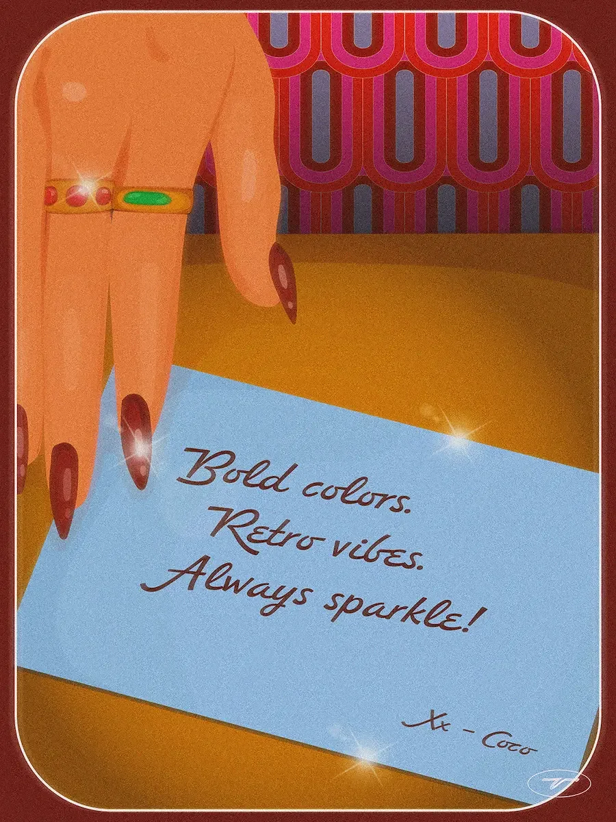  Illustration lifestyle d'une main posant un papier sur une table, texte "Bold colors, retro vibes, always sparkle!", fond motifs disco années 70 rose, marron, bleu et orange. 