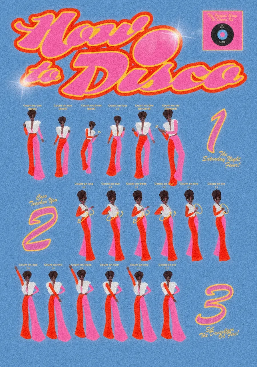 Affiche illustrée d'un tutoriel de danse disco avec silhouette féminine, mouvements phares, fond bleu, éléments en blanc, rose et rouge, vinyle et texte rétro "How to Disco", style années 70. 