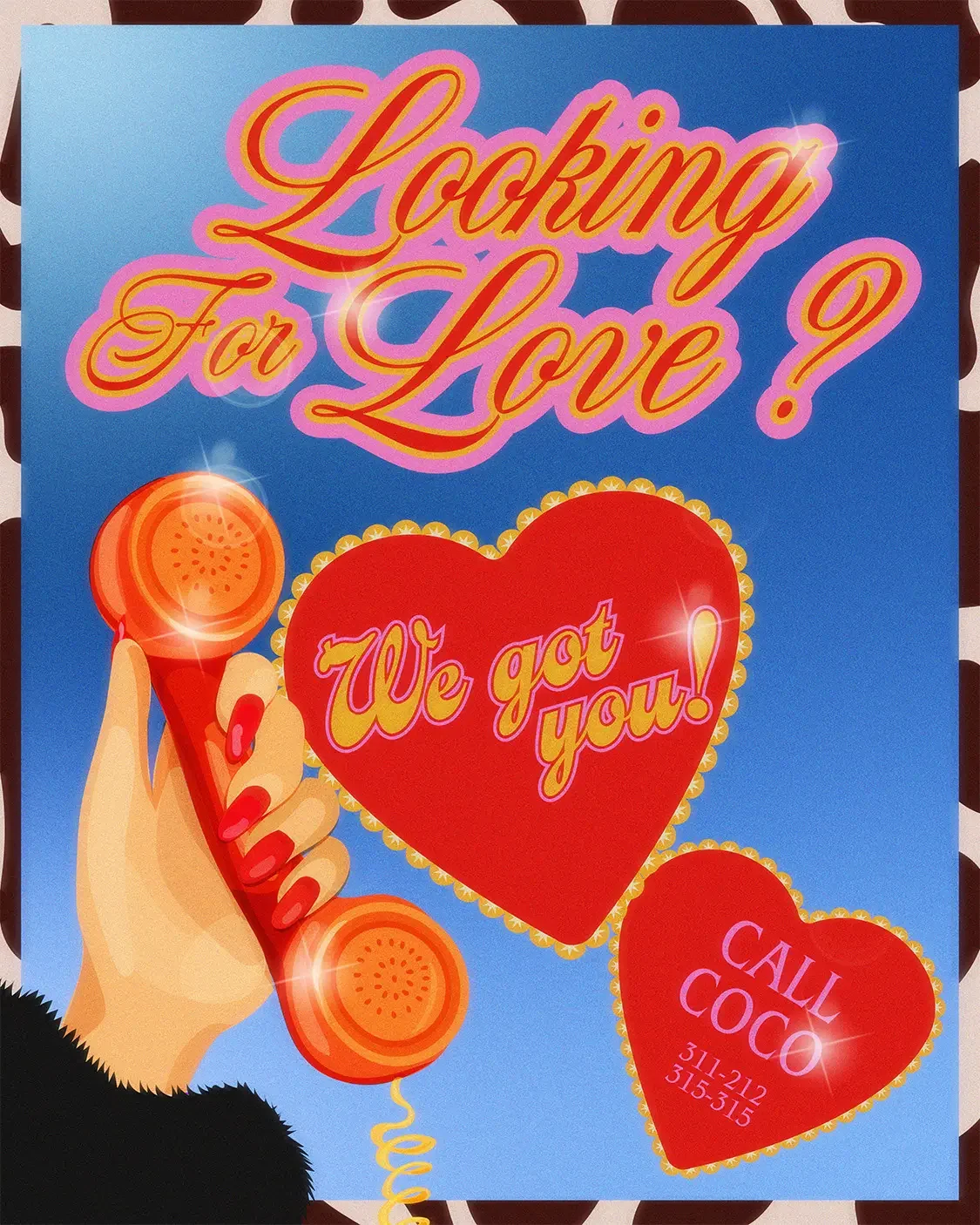  Illustration digitale d'une main tendant un téléphone, fond coloré, typographie rétro "Looking for Love?", style lifestyle et rétro. 