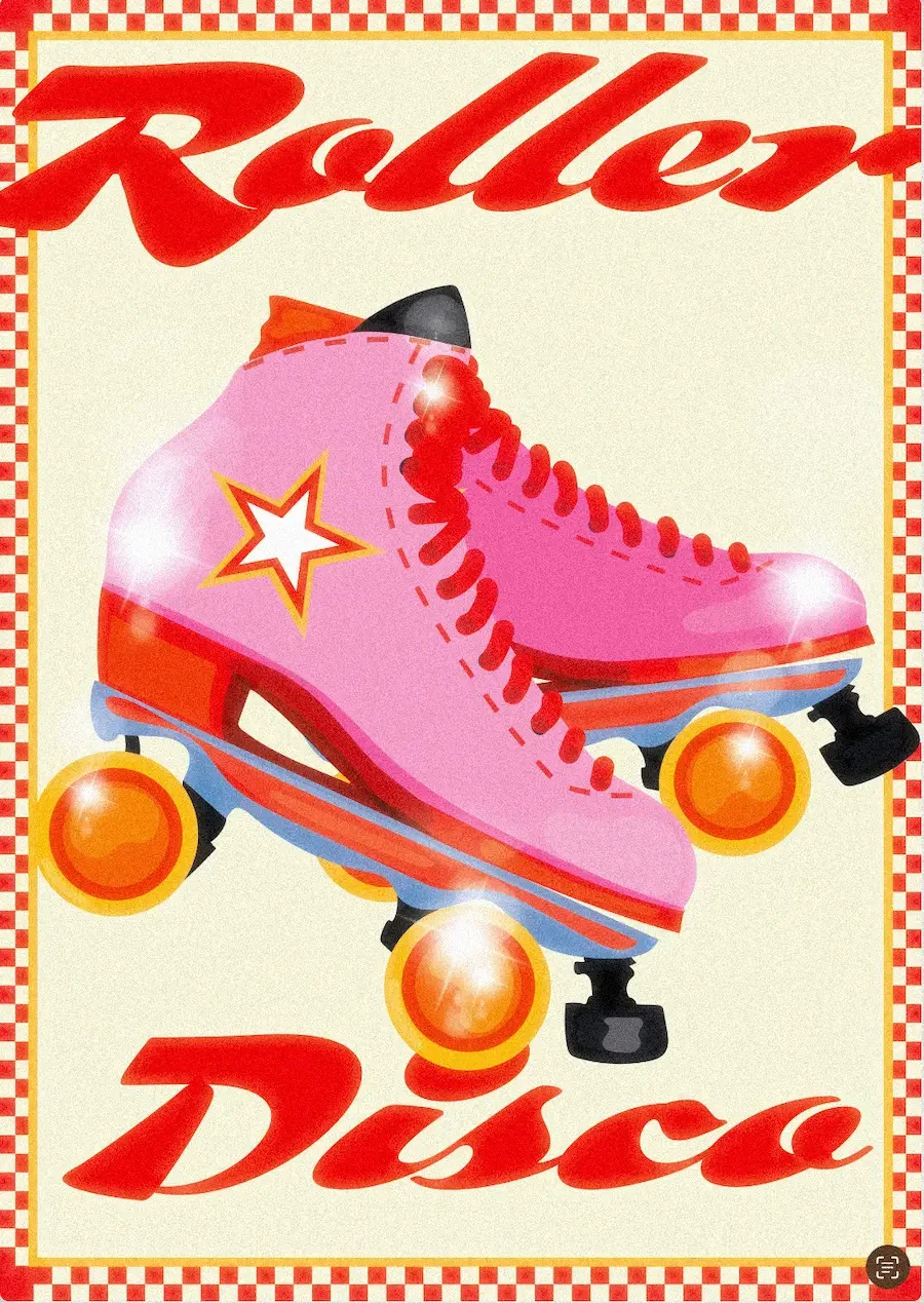  Illustration lifestyle de rollers quad roses et rouges avec étoiles blanches, roues jaunes et orange, encadré damier rouge et beige, texte rétro "Roller Disco". 