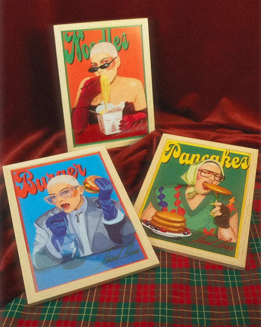 Aperçu des portraits illustrés de la série Food Porn par Voilà Coco pour Marie Devine : modèles féminins mode et lifestyle inspirées des plats Noodles, Burger et Pancakes, dans un univers coloré et rétro.