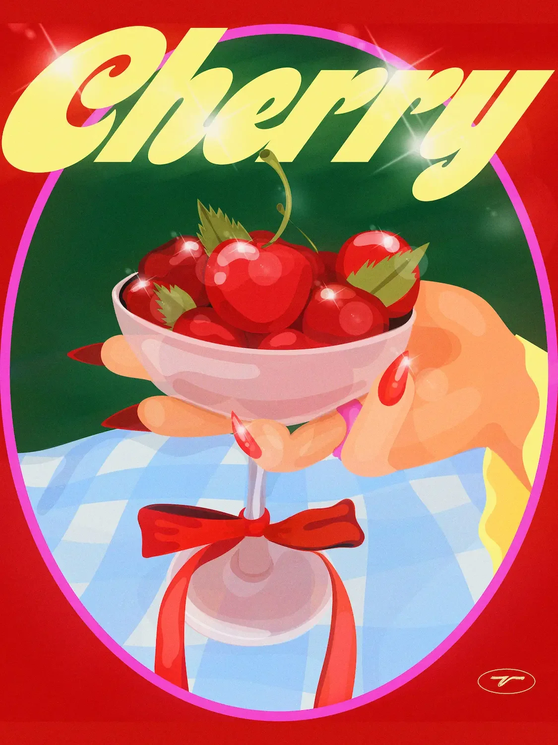 Illustration rétro d’une main tenant un verre de cocktail rempli de cerises sur fond à motif vichy bleu, avec le mot “Cherry”.