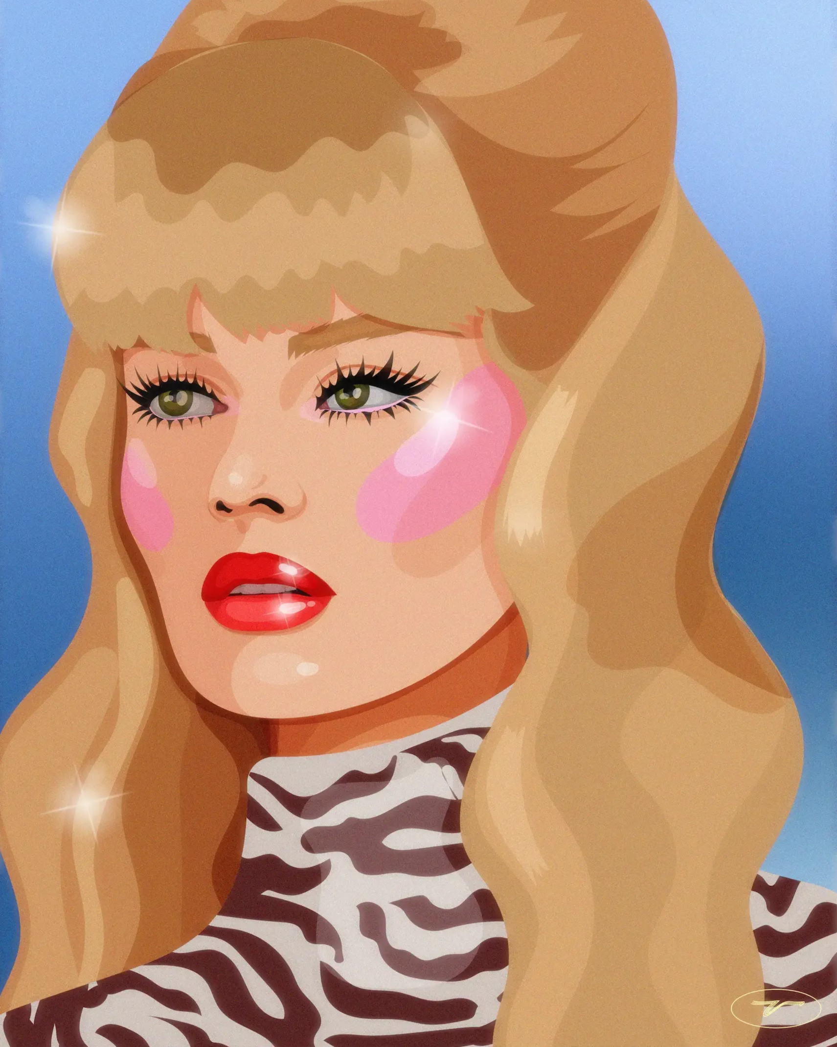 llustration rétro d’une femme blonde au rouge à lèvres rouge, au regard affirmé, sur fond bleu.