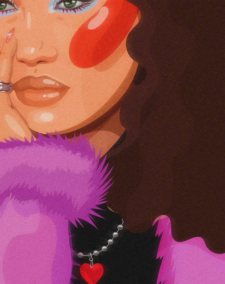 Zoom sur l’illustration “Lovely Gal” issue de la collaboration Voilà Coco x Lovely Vintage, portrait d’une femme au look rétro 70’s et 2000s avec veste afghane violette, maquillage bleu et orange, et pendentif cœur rouge.