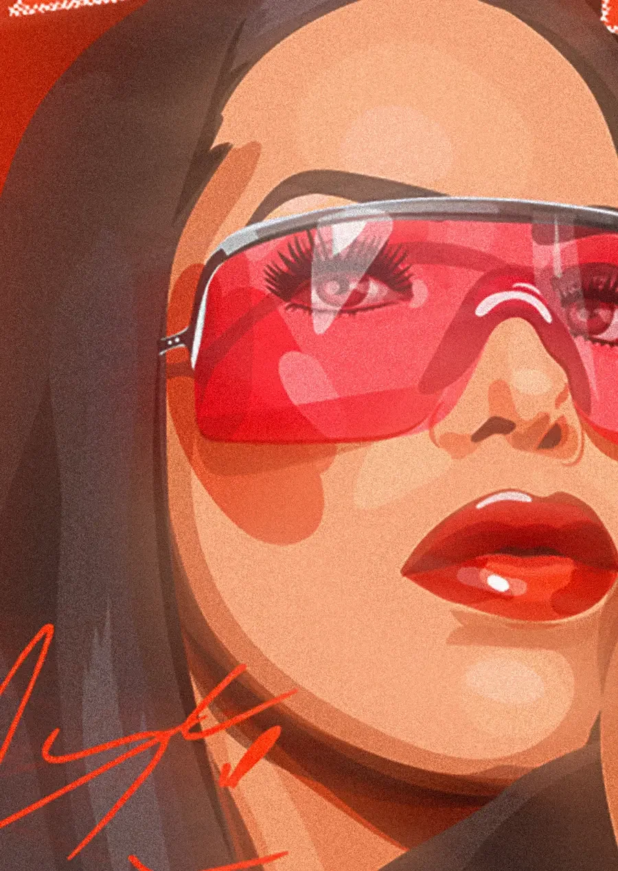 Illustration digitale du visage d’Aaliyah réalisée par Voilà Coco pour 33 Carats, zoom sur la chanteuse hip-hop avec lunettes rouges et rouge à lèvres assorti, style rétro et moderne.