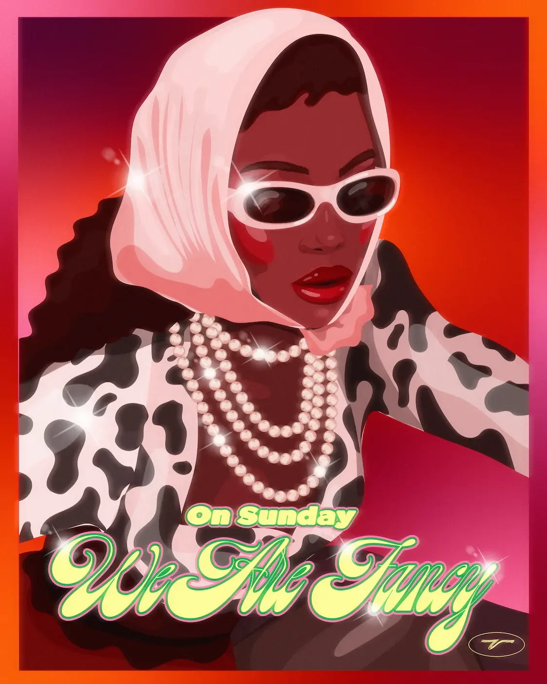 Illustration d’une femme noire élégante avec foulard, lunettes et colliers de perles, accompagnée du texte “On Sunday We Are Fancy”.