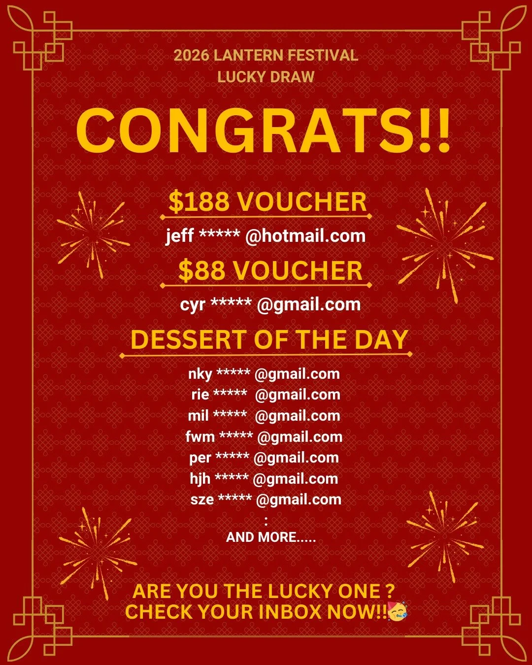 🏮 Lantern Festival Giveaway: Winners Announced! 元宵節活動：中獎名單公布！🏮
​
Huge Congratulations to Our Winners!!! 🎉
The winner notifications have been officially sent to the emails. Go check your inbox now to see if you are one of our lucky winners! ✉️
​
恭喜