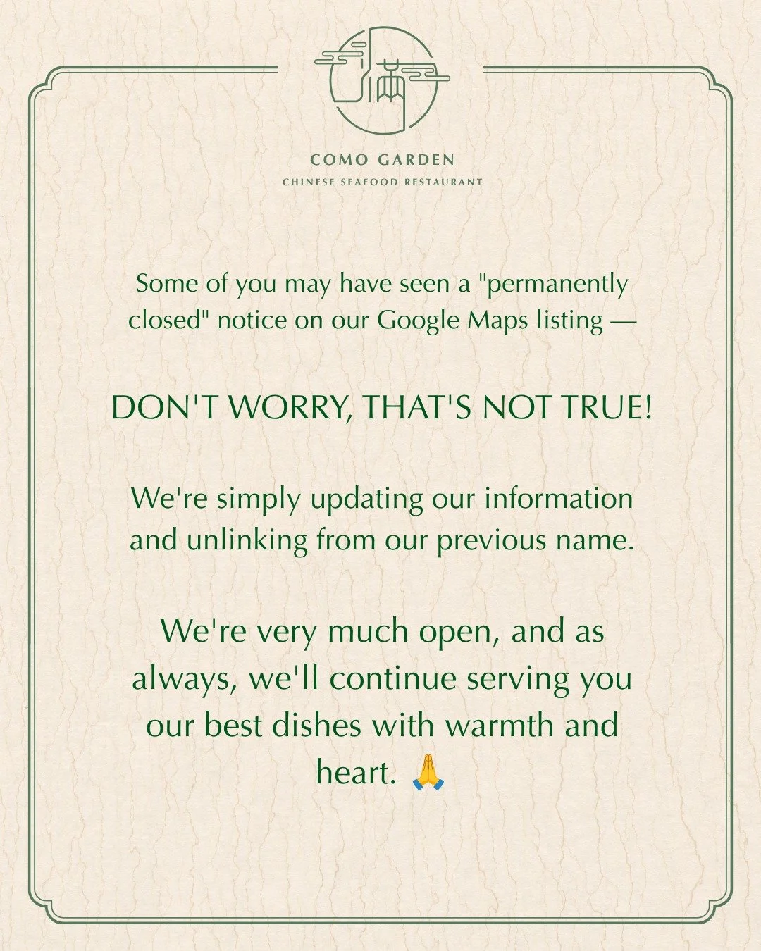 To our loyal guests &mdash; we're not going anywhere. 💚
We've been updating our Google Maps listing, which may have caused some confusion. Rest assured, Como Garden is open and ready to welcome you. Thank you for your support, always.

#comogarden #